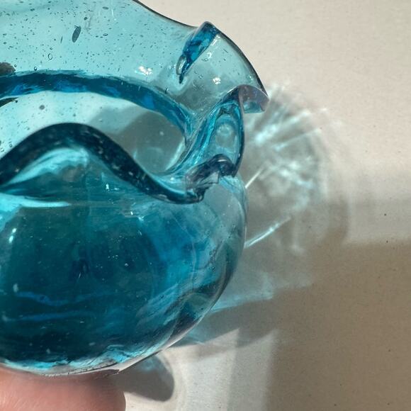 Mid Century Blue Blown Glass Vase Ruffle Edge Empoli Blenko Style Handmade Tiny - Picture 4 of 6